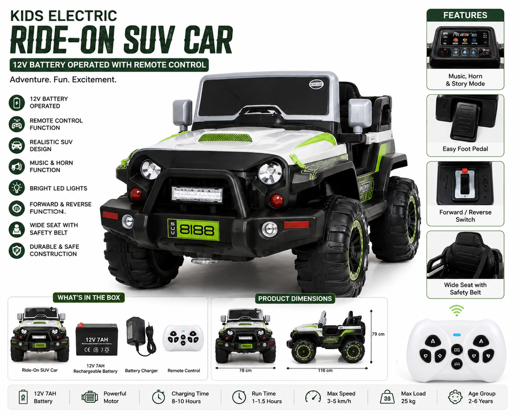 Kids 12V Electric Ride-On SUV Jeep with Remote Control – Battery Operated Toy Car