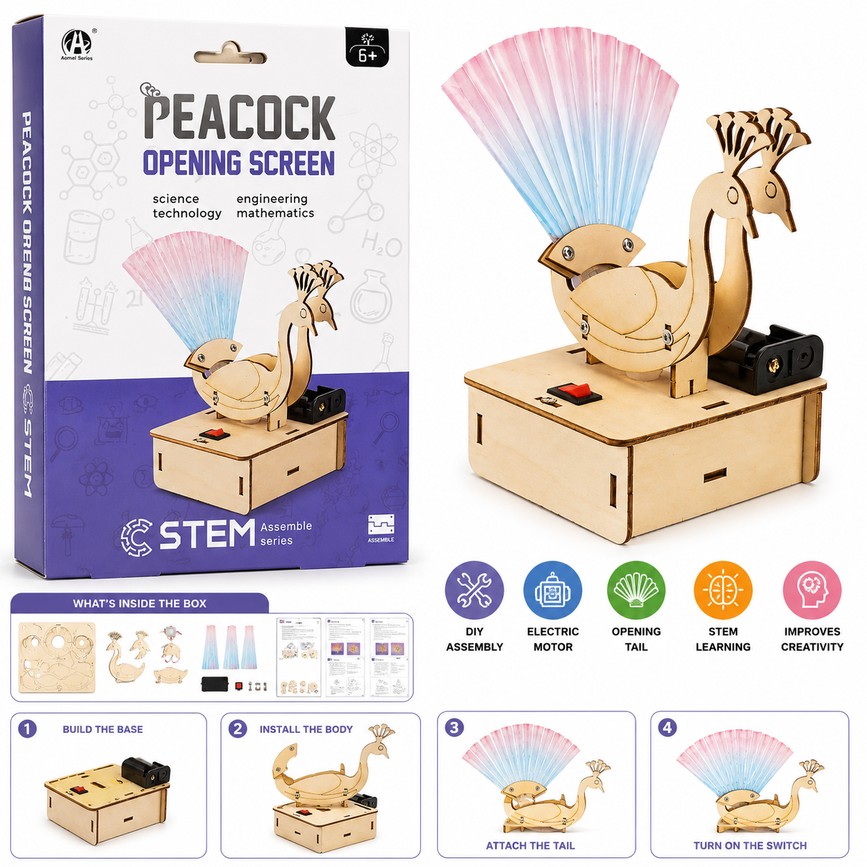 STEM Peacock Opening Screen DIY Wooden Model Kit Electric Motor Science Project Educational Assembly Toy Ages 6+