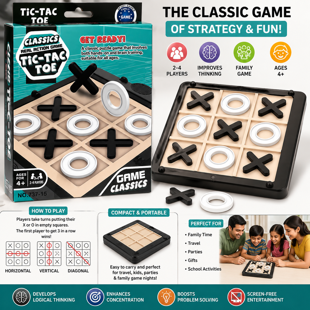 Classic Tic Tac Toe Board Game Family Strategy Game for Kids & Adults Educational Brain Training Game 2–4 Players