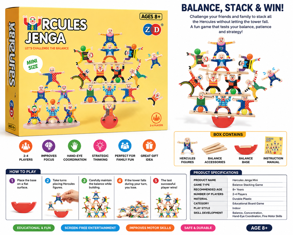 Hercules Jenga Mini Balance Stacking Game Educational Family Board Game 2-4 Players