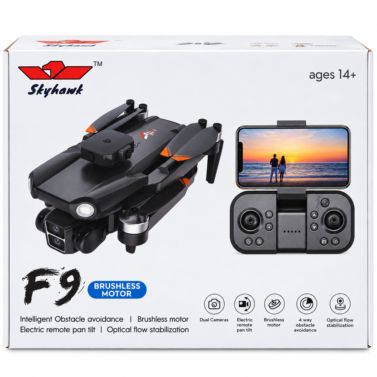 Skyhawk F9 Brushless Motor Dual Camera Foldable Drone with 4-Way Obstacle Avoidance & Optical Flow Stabilization – 14+