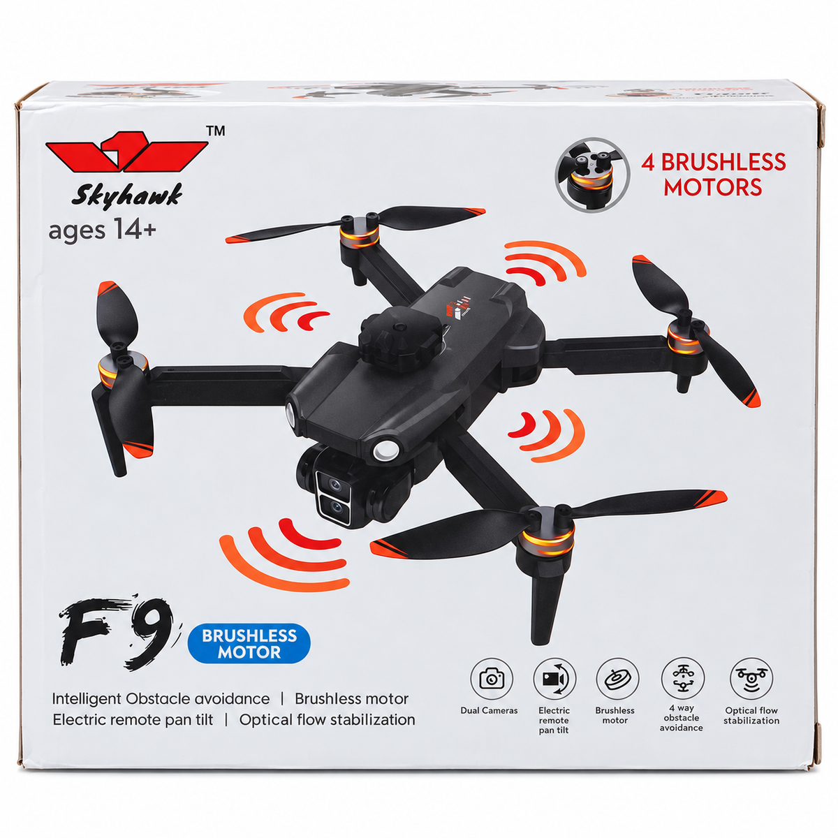 Skyhawk F9 Brushless Motor Dual Camera Foldable Drone with 4-Way Obstacle Avoidance & Optical Flow Stabilization – 14+