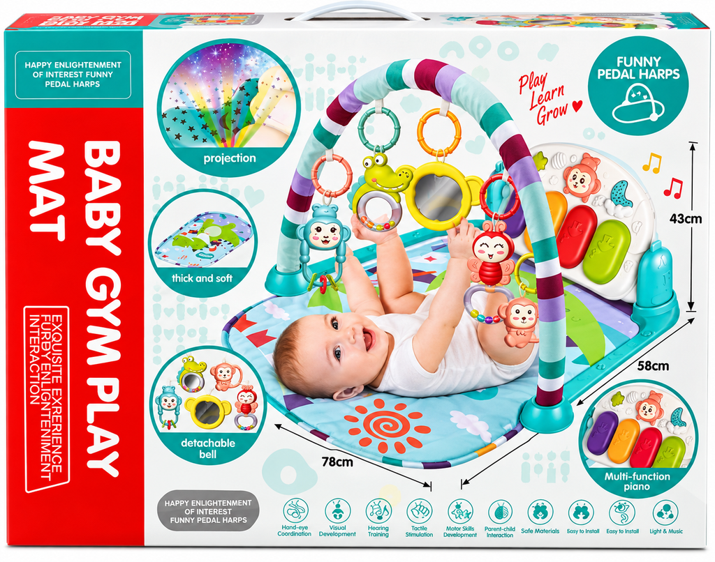 Bibiinn Baby Gym Play Mat with Multi-Function Piano, Hanging Rattles & Mirror – 0+ Months