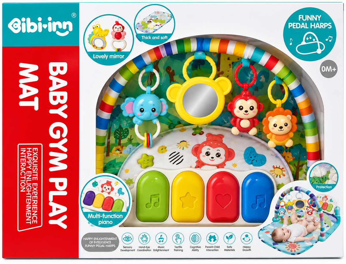 Bibiinn Baby Gym Play Mat with Multi-Function Piano, Hanging Rattles & Mirror – 0+ Months