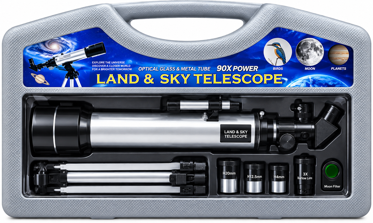 90X Power Land & Sky Telescope with Optical Glass, Metal Tube & Carry Case