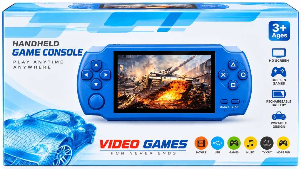 Portable Handheld Video Game Console with Colour Screen, Multimedia & Built-in Games – Blue