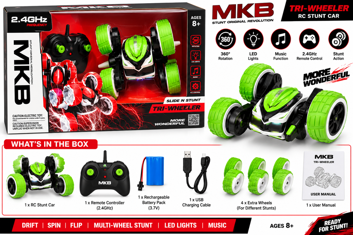 MKB Tri-Wheeler 2.4GHz Remote Control Stunt Car – 360° Slide & Stunt RC Toy