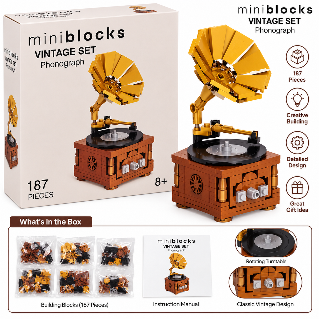 Mini Blocks Vintage Phonograph Building Set – 187 Pieces DIY Gramophone Model | 8+ Years