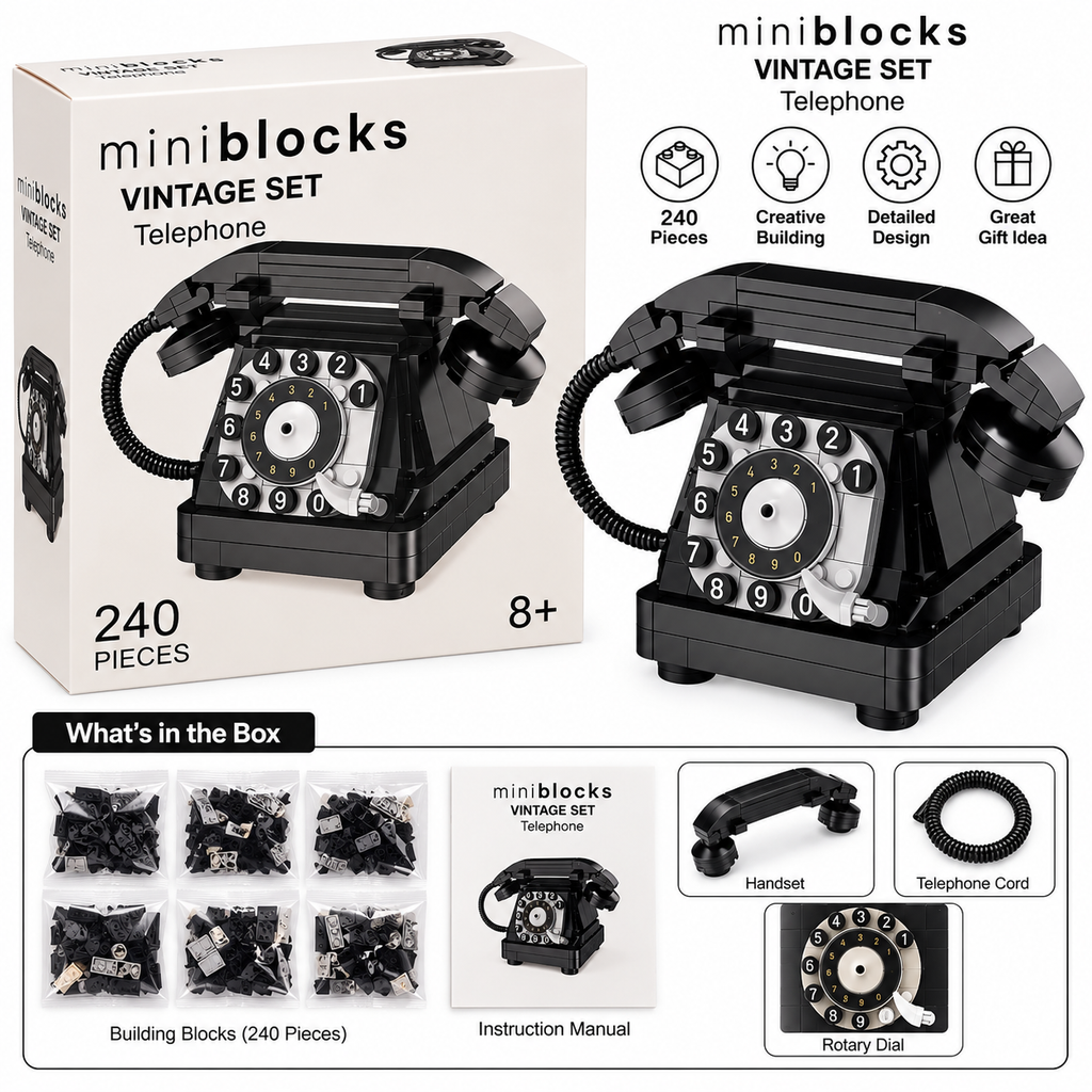 Mini Blocks Vintage Telephone Building Set – 240 Pieces Retro Rotary Phone Model 8+ Years