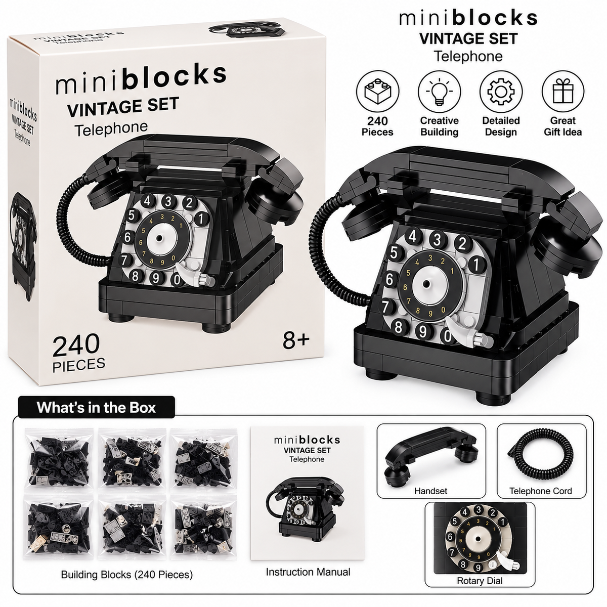 Mini Blocks Vintage Telephone Building Set – 240 Pieces Retro Rotary Phone Model 8+ Years