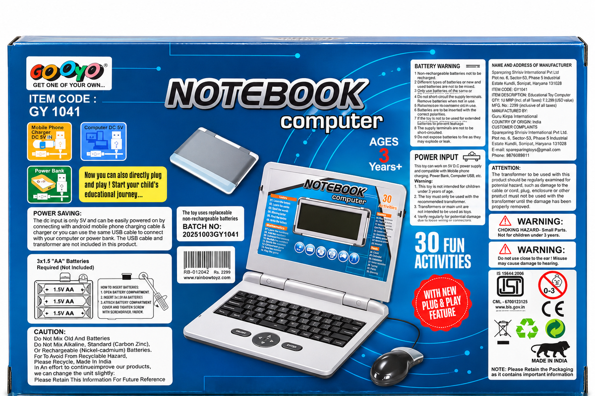 Gooyo Kids Educational Notebook Computer – 30 Fun Learning Activities with USB Cable | 3+ Years