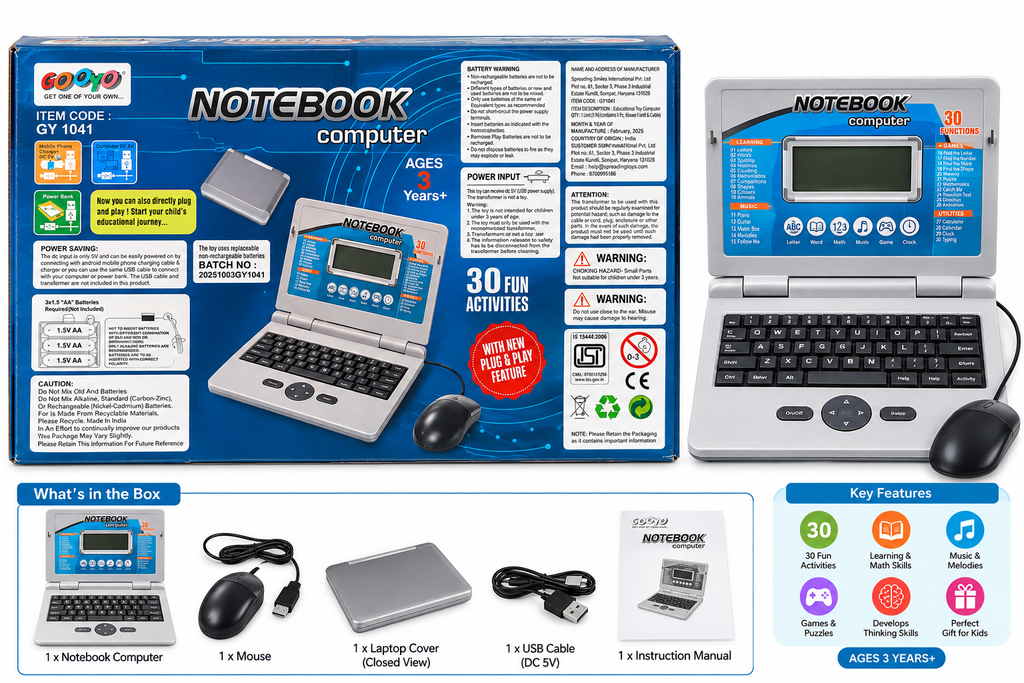 Gooyo Kids Educational Notebook Computer – 30 Fun Learning Activities with USB Cable | 3+ Years