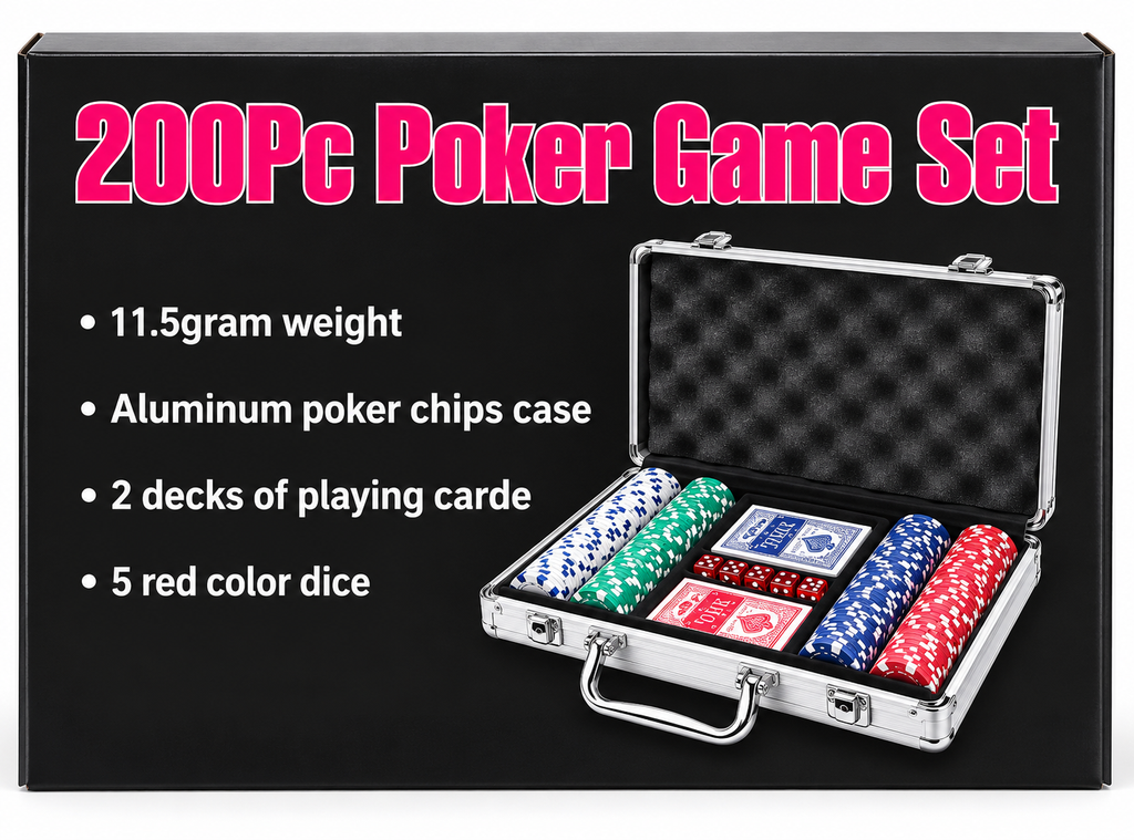 200 Pcs Poker Game Set with Aluminum Case – Poker Chips, 2 Decks of Playing Cards & Dice