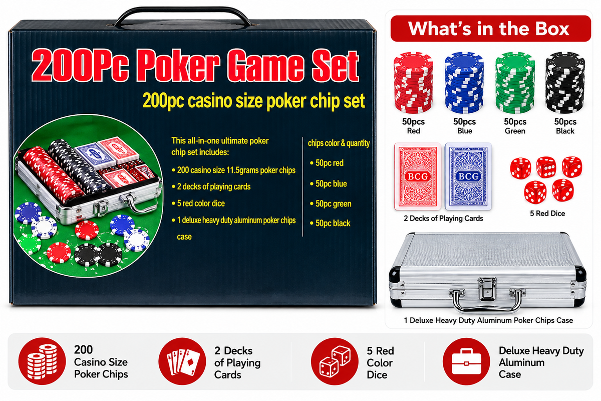 200 Pcs Poker Game Set with Aluminum Case – Poker Chips, 2 Decks of Playing Cards & Dice