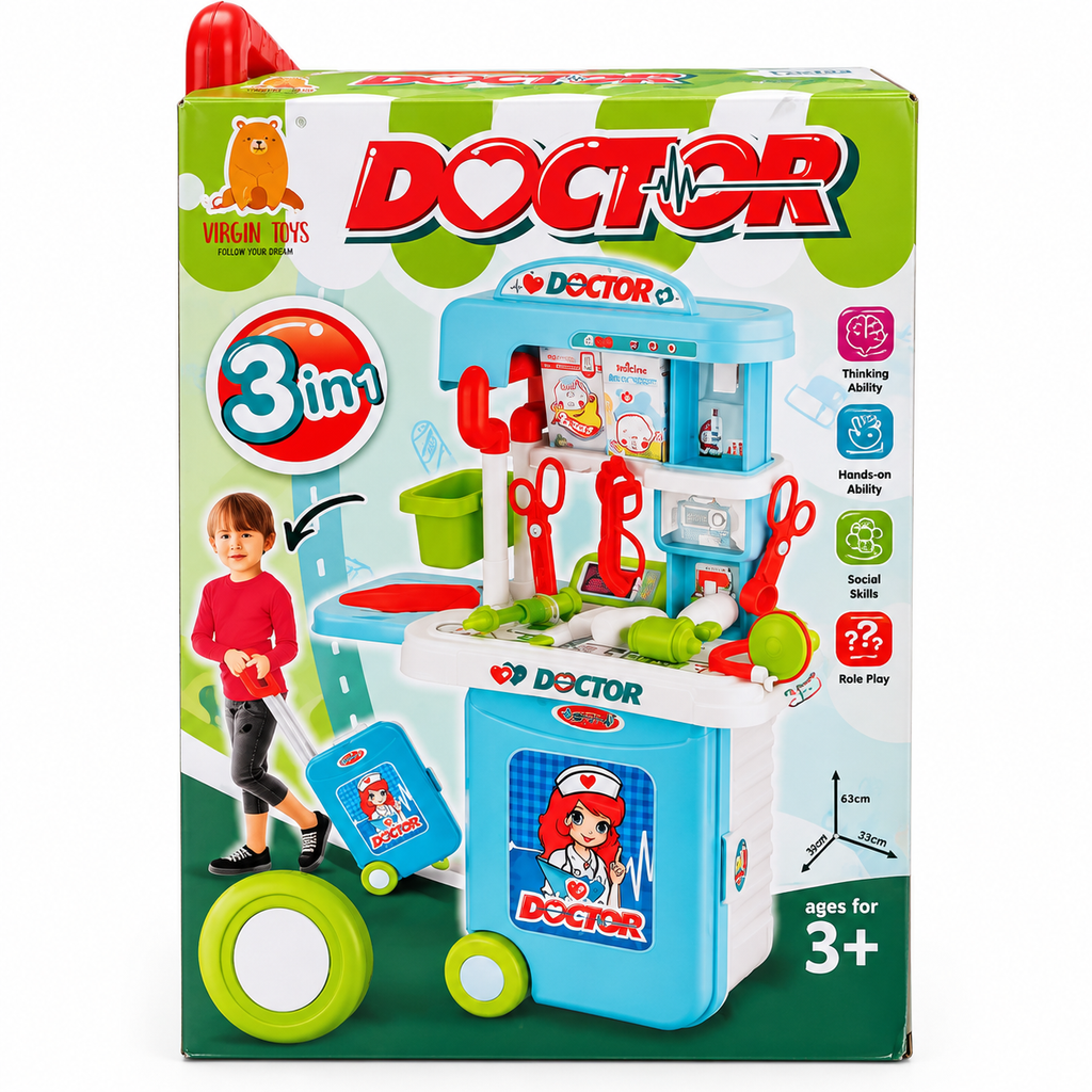 3-in-1 Kids Doctor Trolley Play Set with Medical Accessories – Pretend Play Kit | 3+ Years