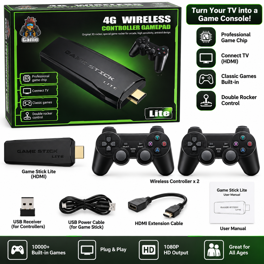 AD300 2.4G Wireless Video Game Console Lite with Dual Controllers – TV Gaming Stick