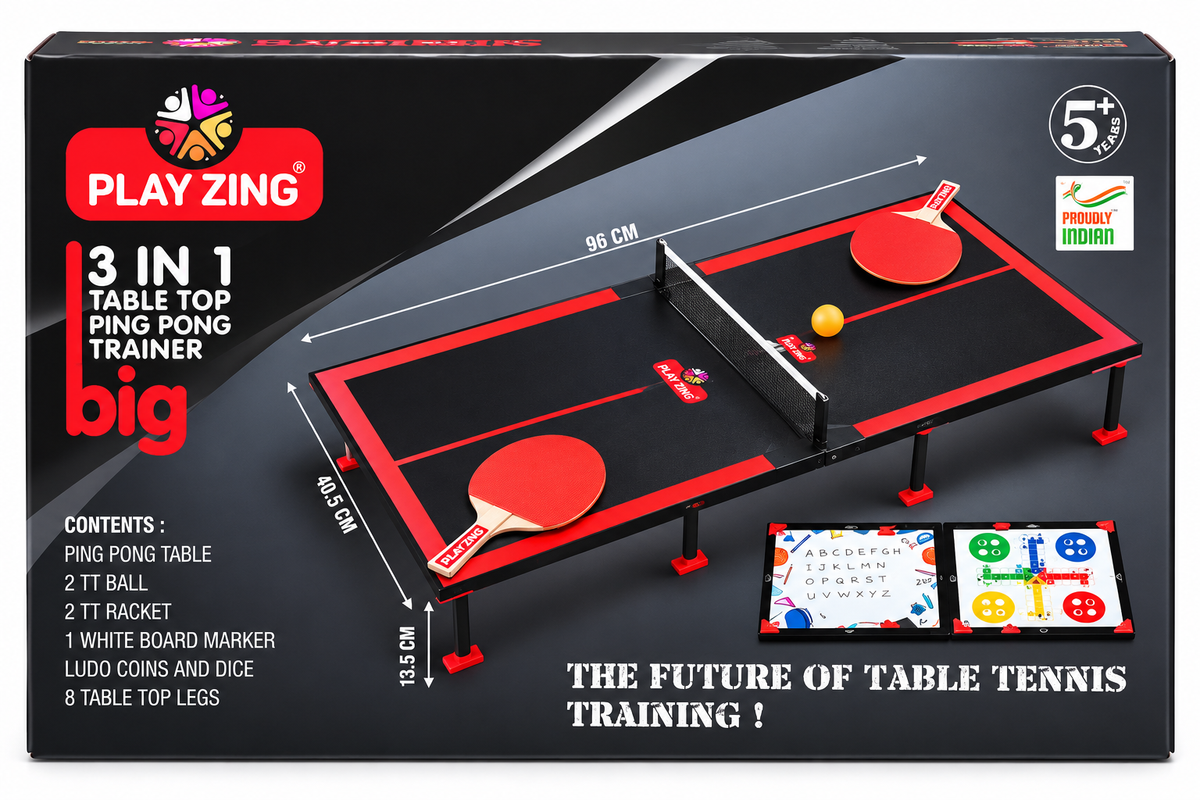 Play Zing 3-in-1 Table Top Ping Pong Trainer – Table Tennis, Ludo & Learning Board | 5+ Years