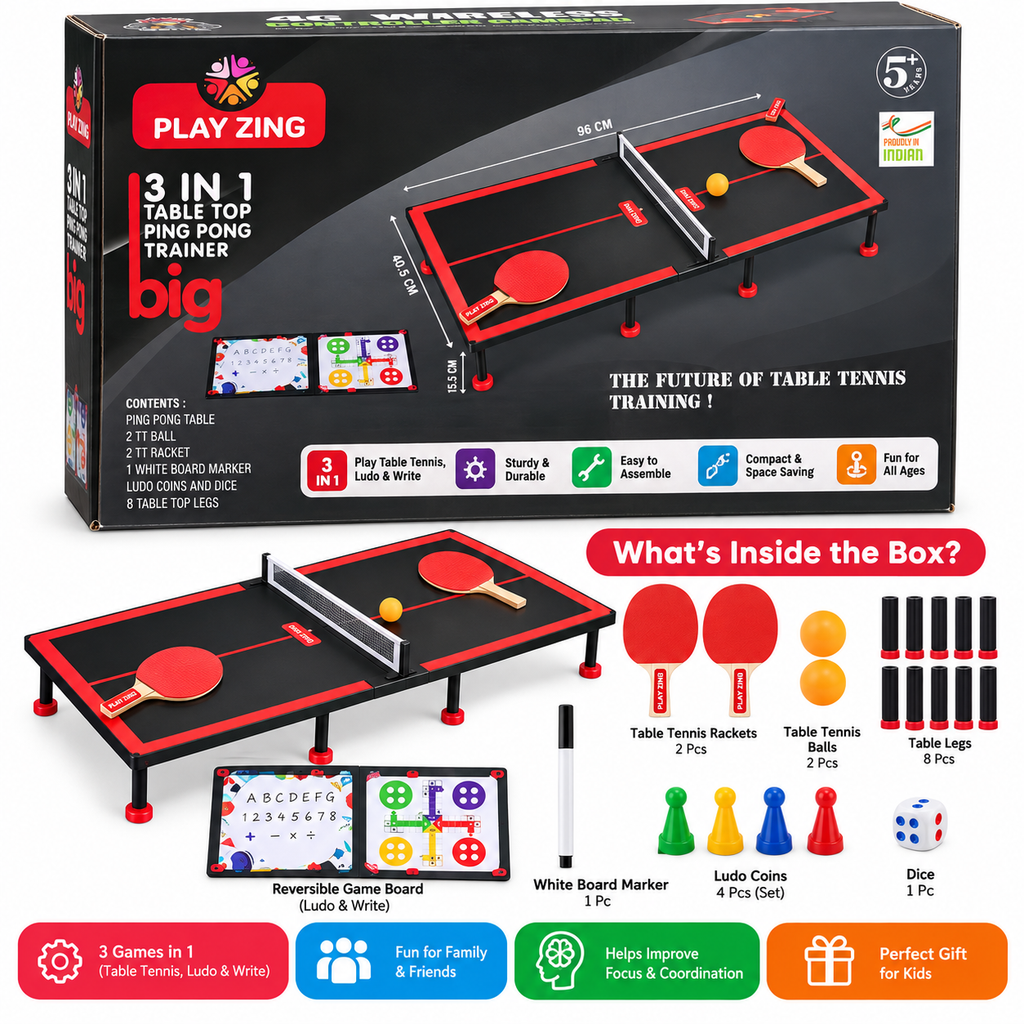 Play Zing 3-in-1 Table Top Ping Pong Trainer – Table Tennis, Ludo & Learning Board | 5+ Years