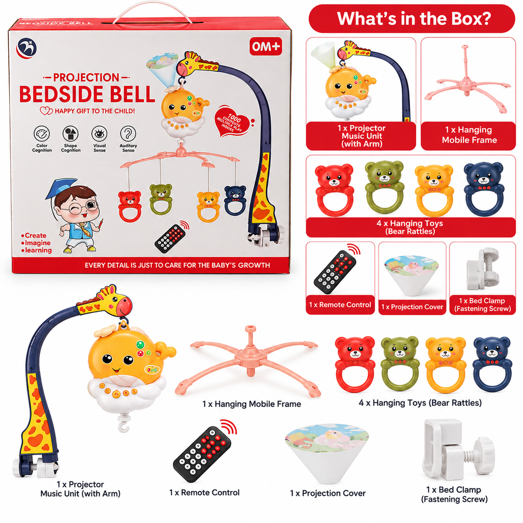 Projection Bedside Bell Baby Crib Mobile with Remote Control, Music & Projection – 0M+