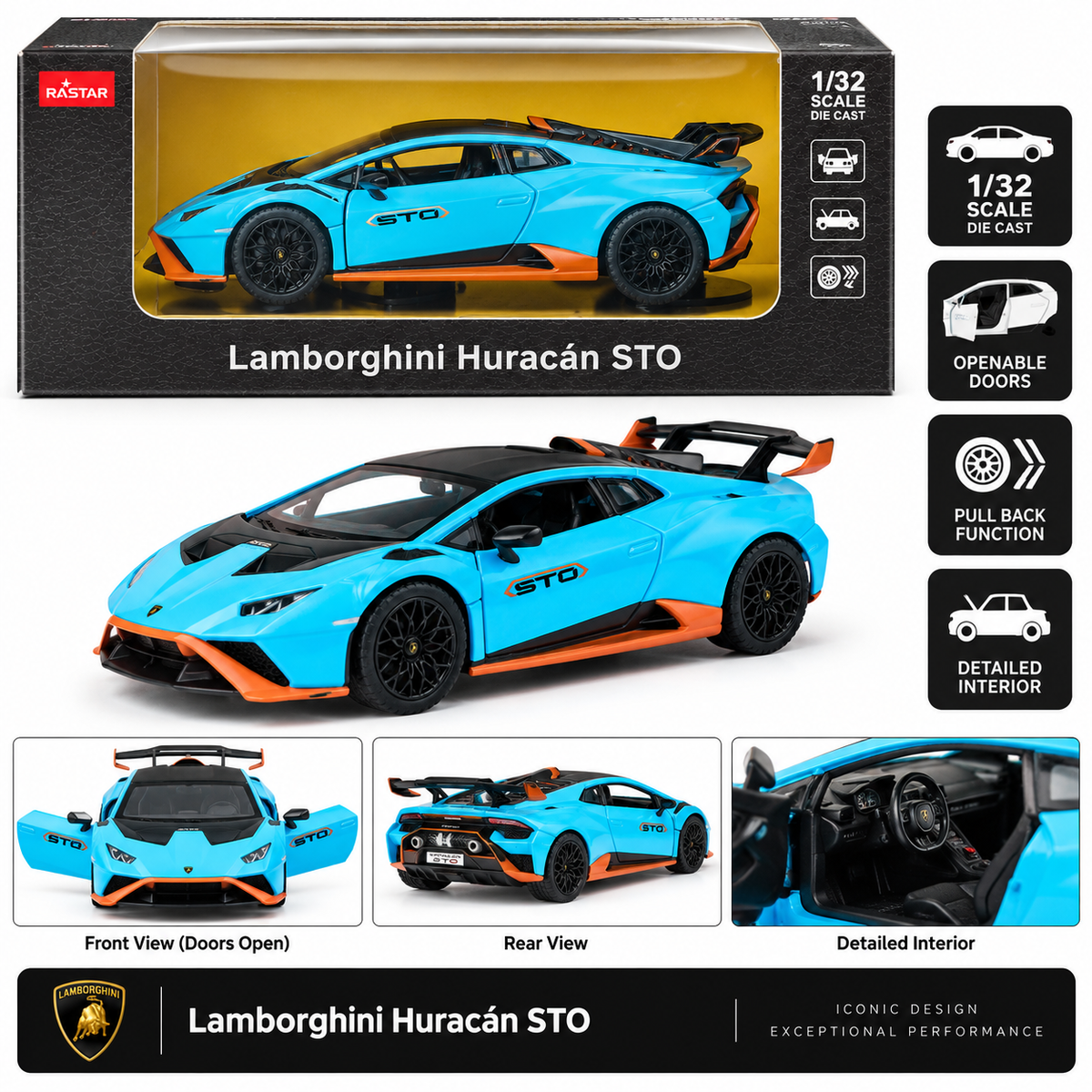 Rastar Lamborghini Huracán STO 1:32 Scale Die-Cast Model Car – Blue