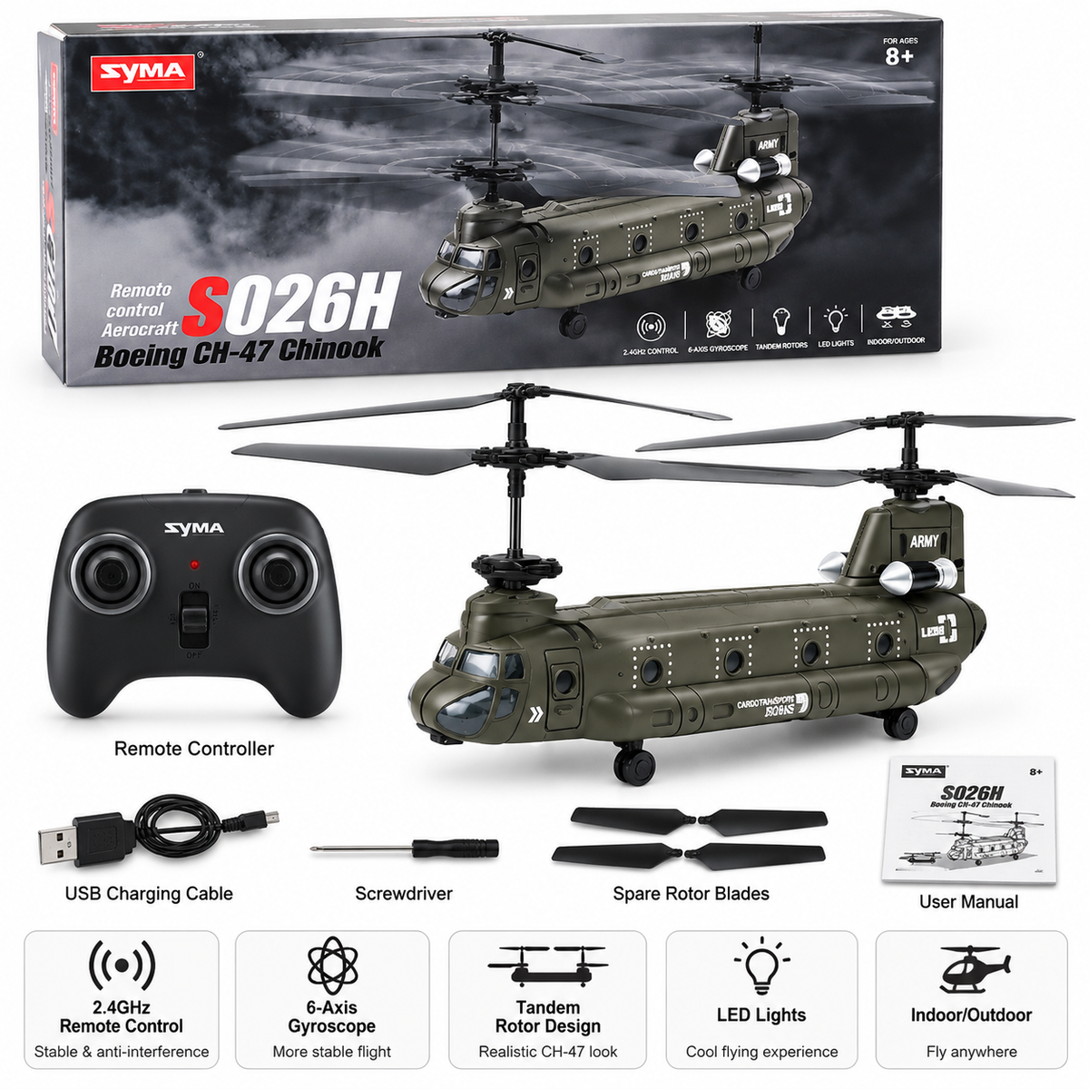 SYMA S026H Boeing CH-47 Chinook Remote Control Helicopter – 2.4GHz RC Aircraft for Kids