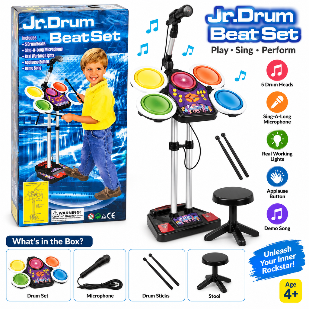 Jr. Drum Beat Set for Kids with 5 Drum Heads, Sing-Along Microphone, Lights & Demo Music