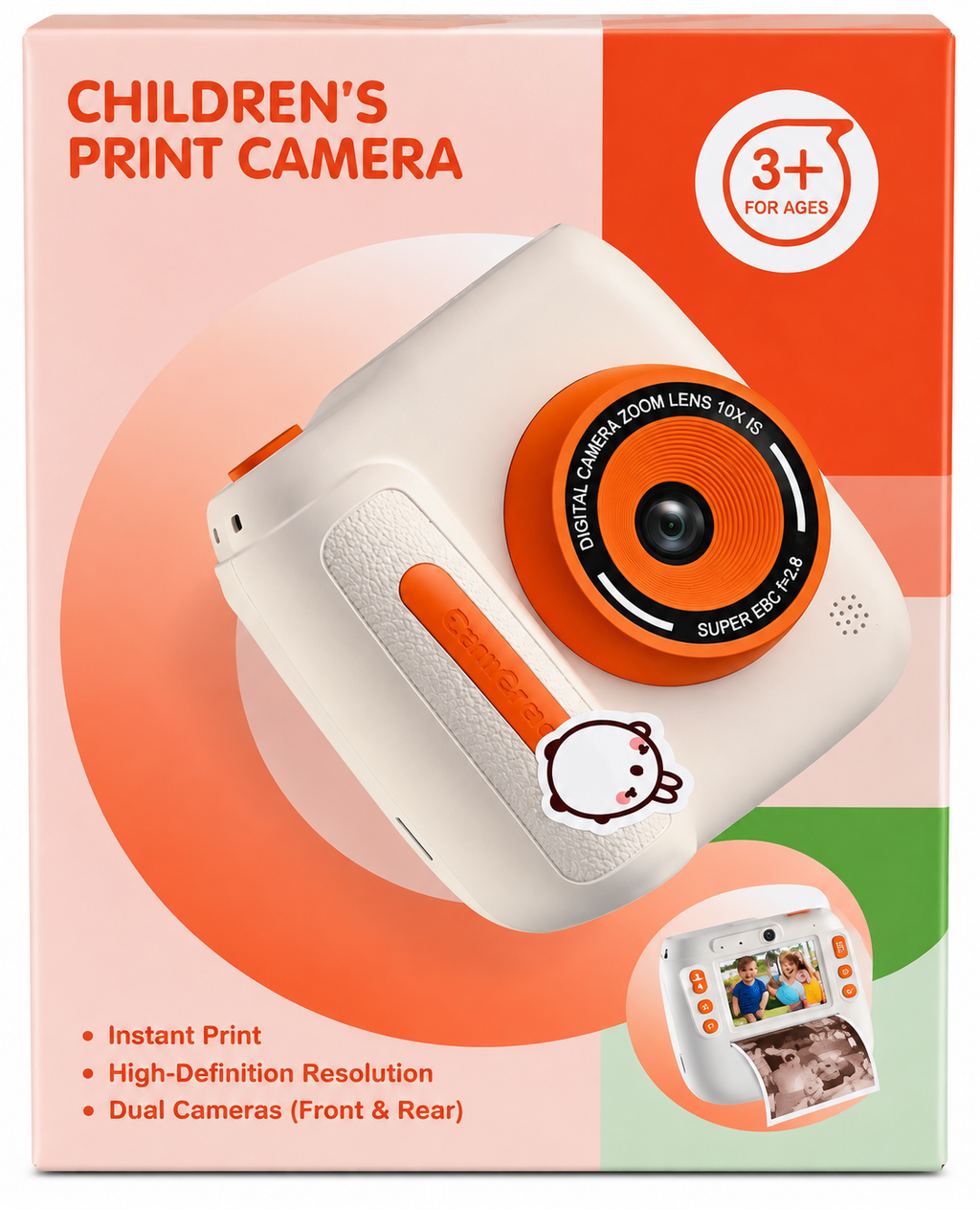 Children’s Instant Print Camera for Kids with Dual Front & Rear Camera – White & Orange