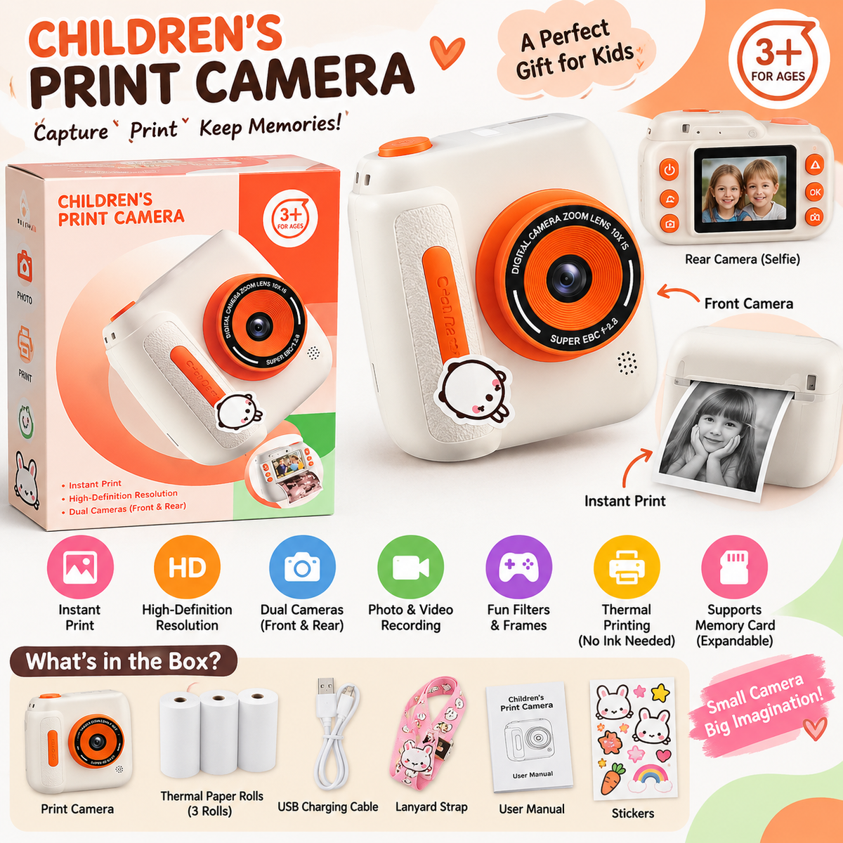 Children’s Instant Print Camera for Kids with Dual Front & Rear Camera – White & Orange