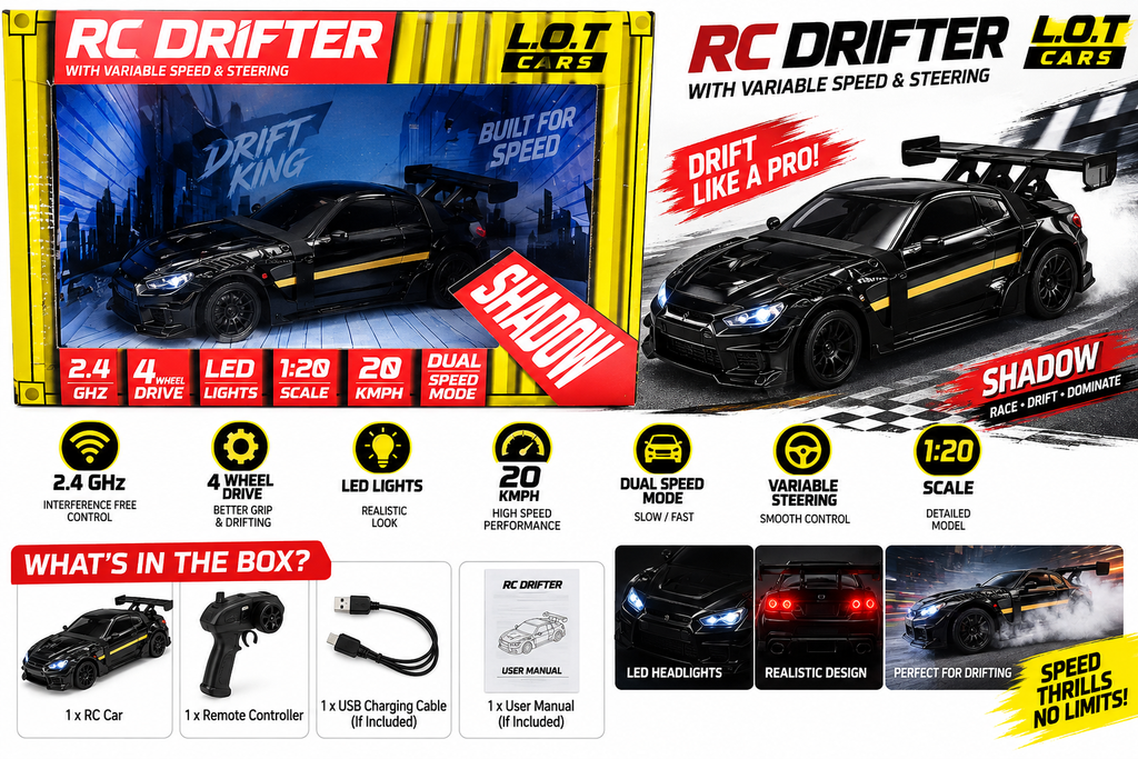 RC Drifter Shadow Car 1:20 Scale – 4WD Remote Control Drift Car with LED Lights & Dual Speed Mode