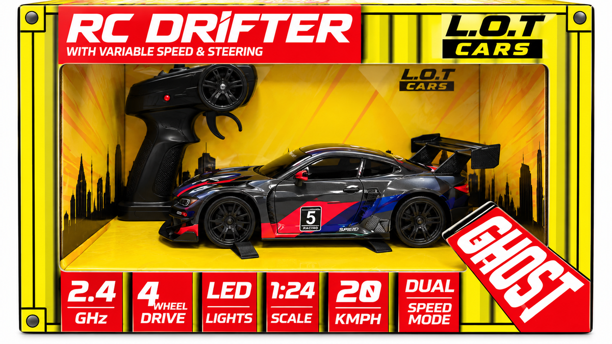 RC Drifter Ghost Racing Car 1:24 Scale – 4WD Remote Control Drift Car with LED Lights & Dual Speed Mode