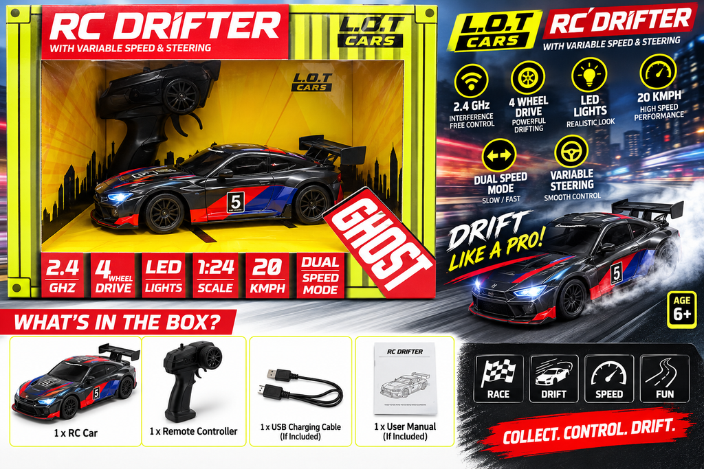 RC Drifter Ghost Racing Car 1:24 Scale – 4WD Remote Control Drift Car with LED Lights & Dual Speed Mode
