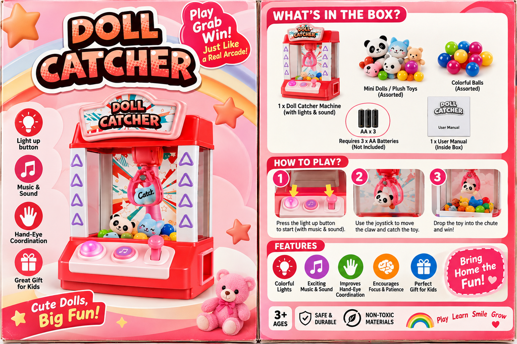 Doll Catcher Mini Claw Machine Toy with Light, Music & Sound – Kids Arcade Game