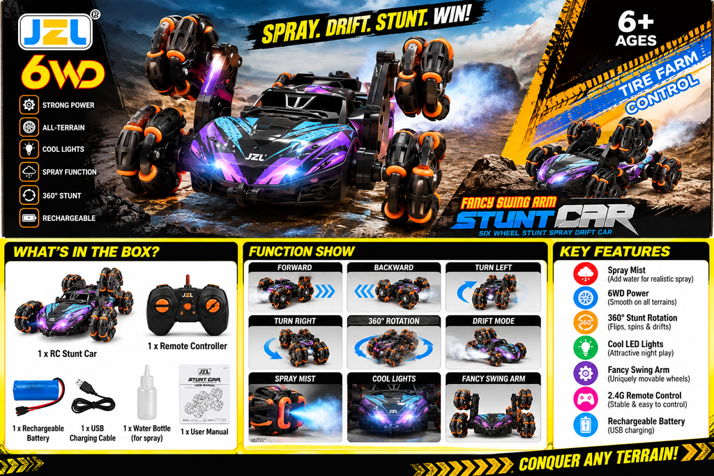 JZL 6WD Remote Control Stunt Car – Six-Wheel Spray Drift Car with Tire Arm Control
