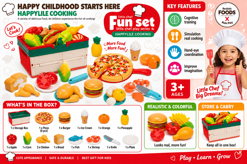 Little Chef Happy Cooking Fun Set – Pretend Play Food Cutting & Kitchen Set for Kids