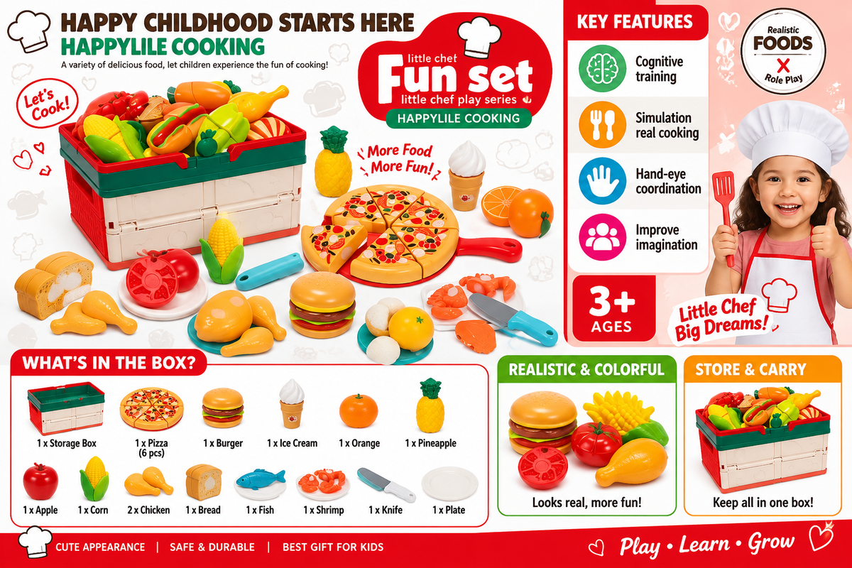 Little Chef Happy Cooking Fun Set – Pretend Play Food Cutting & Kitchen Set for Kids
