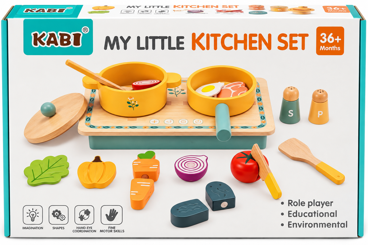 KABI My Little Kitchen Set – Wooden Pretend Cooking & Role Play Set for Kids 36M+