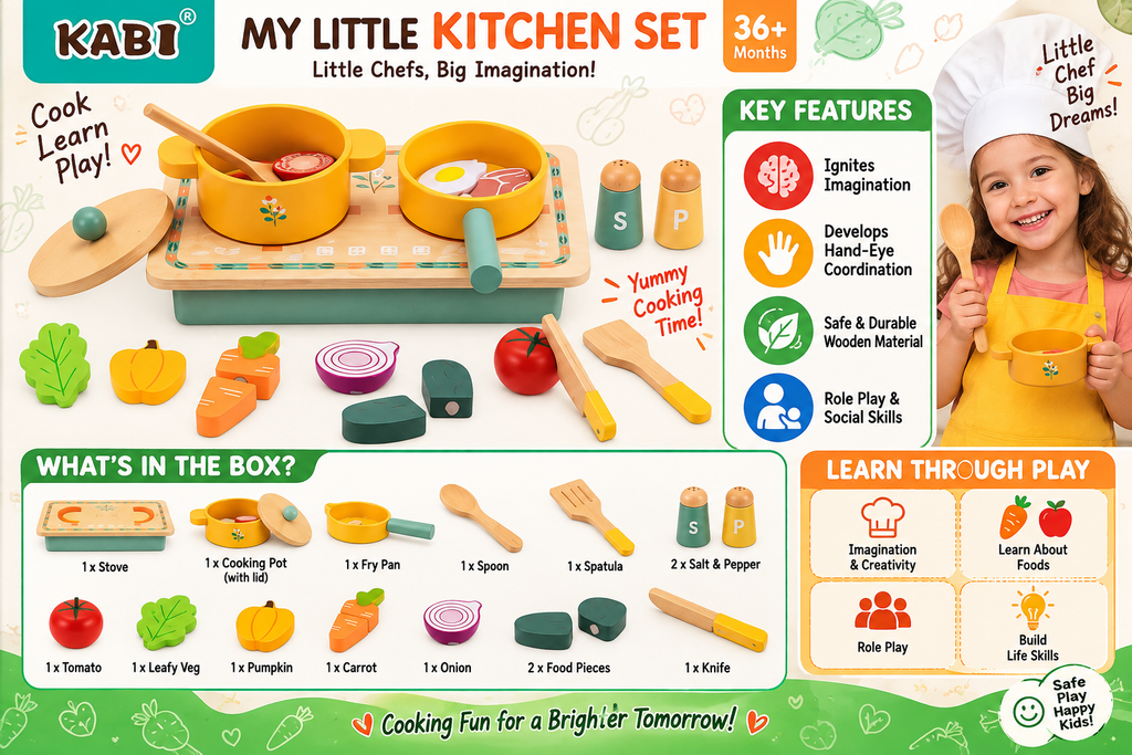 KABI My Little Kitchen Set – Wooden Pretend Cooking & Role Play Set for Kids 36M+