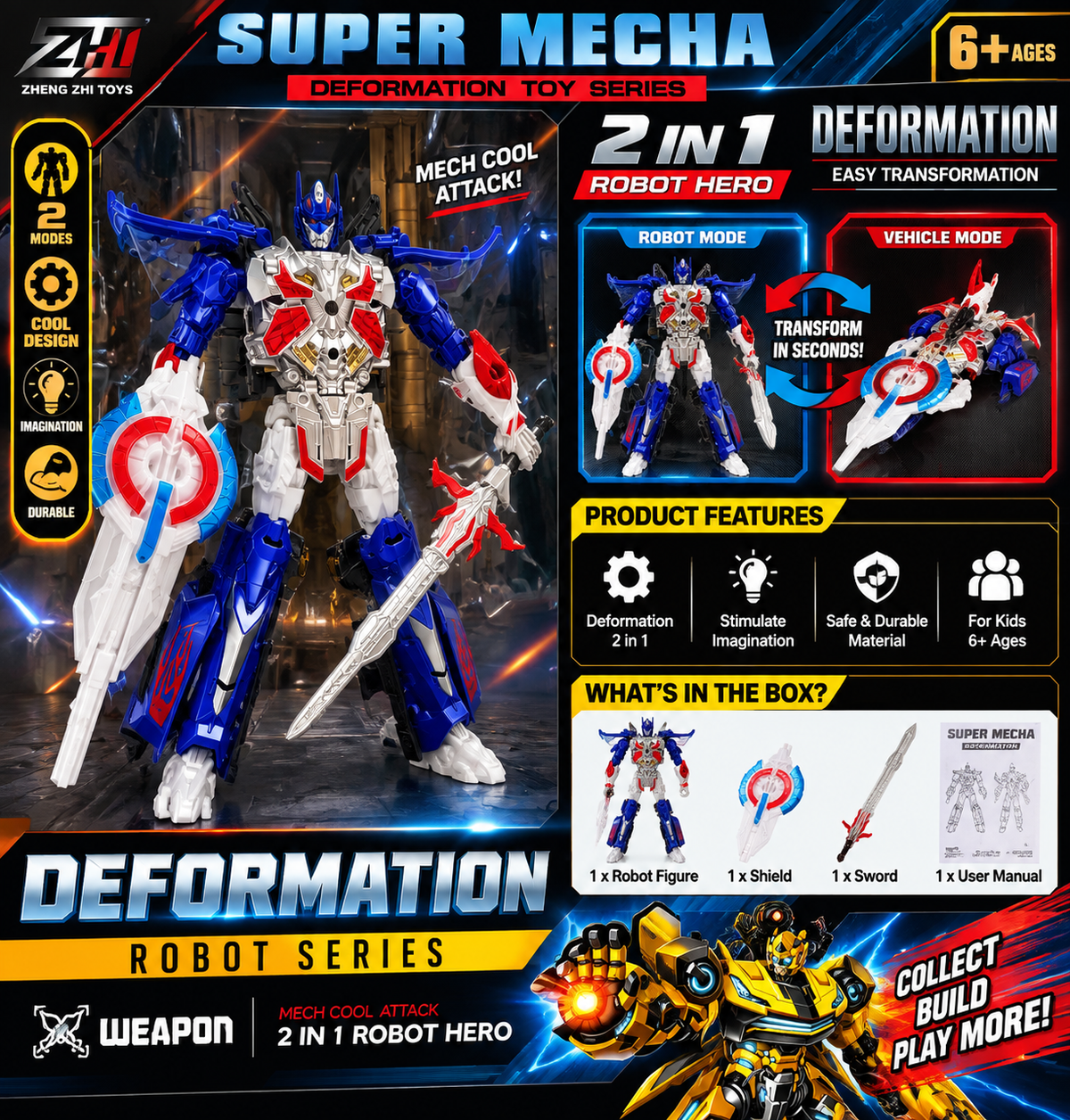 Super Mecha 2-in-1 Deformation Robot Hero with Weapons – Transforming Action Figure for Kids 6+