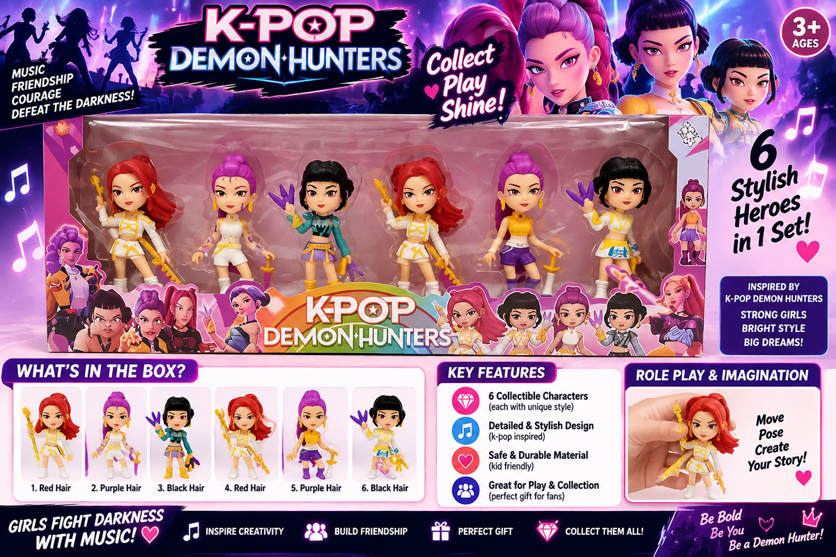 K-Pop Demon Hunters 6-Piece Character Doll Figure Set – Collectible Action Figures for Kids 3+