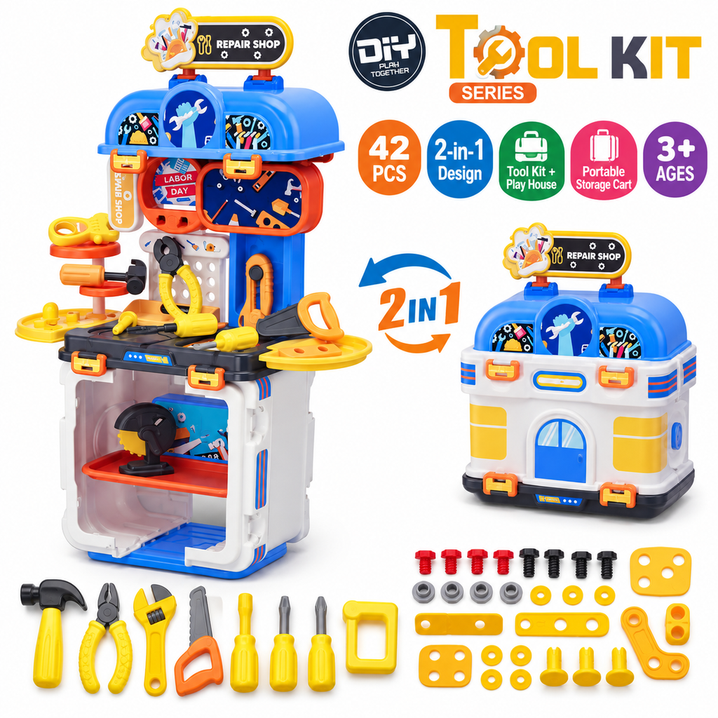 2-in-1 DIY Tool Kit Repair Shop Play Set with 42 Accessories