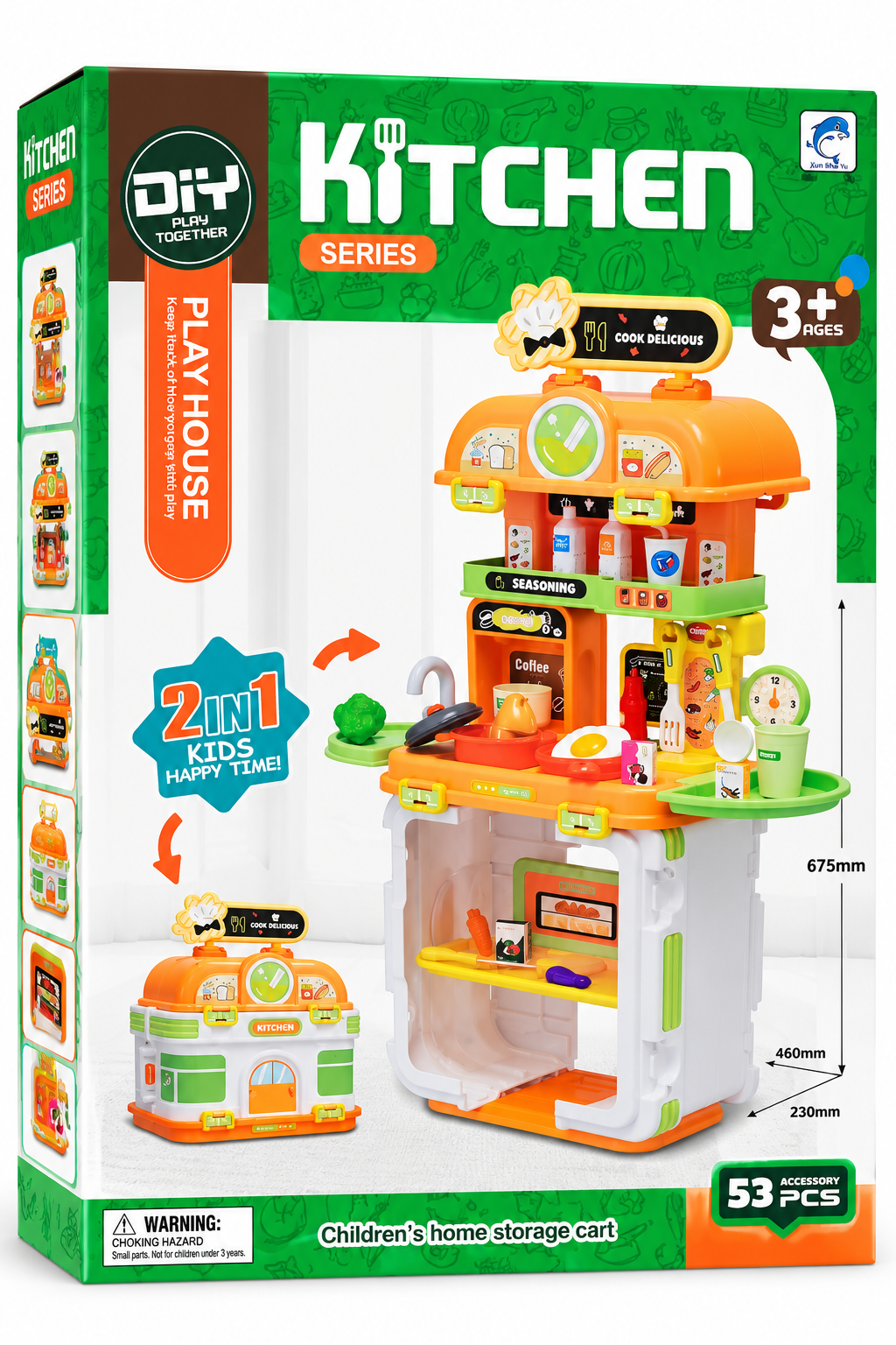 2-in-1 Kids Kitchen Play Set with 53 Accessories & Storage Cart