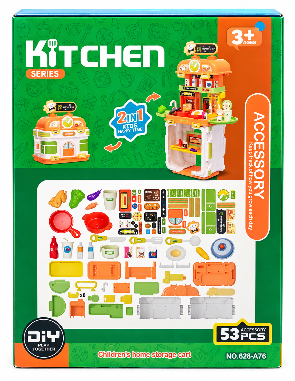 2-in-1 Kids Kitchen Play Set with 53 Accessories & Storage Cart