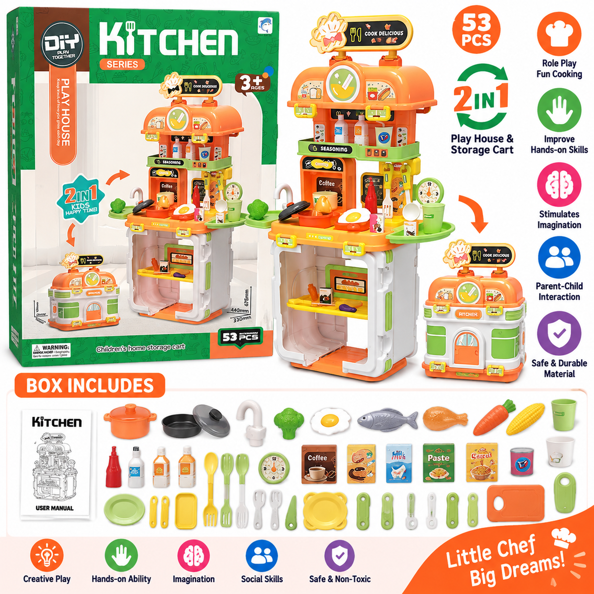 2-in-1 Kids Kitchen Play Set with 53 Accessories & Storage Cart