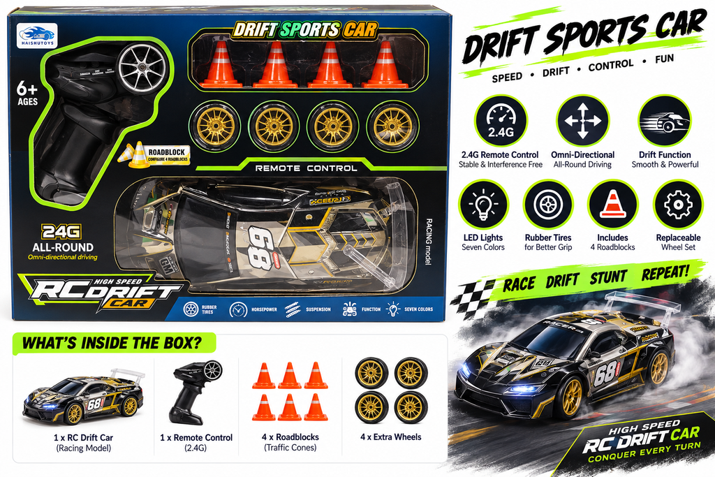 High Speed Remote Control Drift Sports Car with Remote Control & Roadblock Accessories