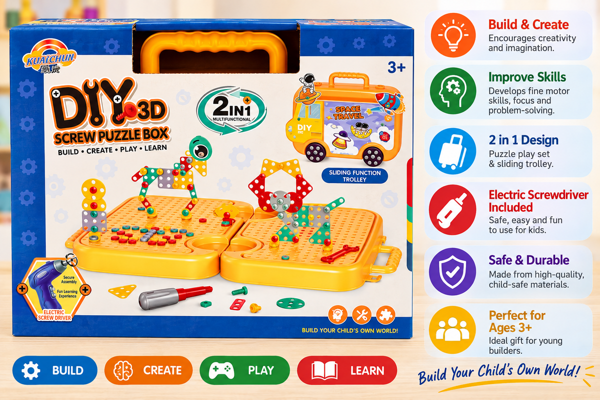 DIY 3D Screw Puzzle Box 2-in-1 with Electric Screwdriver – STEM Building Toy for Kids 3+