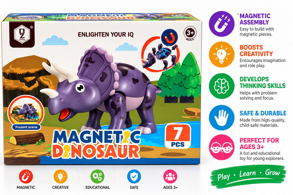 Magnetic Dinosaur Building Toy – Magnetic & Link Dinosaur Construction Set for Kids 3+