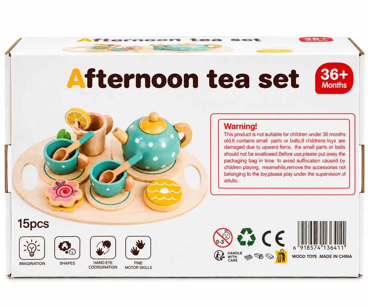 Wooden Afternoon Tea Set 15 Pcs – Pretend Play Tea Set for Kids 3+