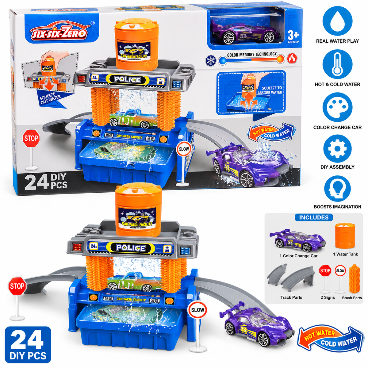 Six-Six-Zero DIY Car Wash Play Set 24 Pcs – Color Changing Car Wash Toy for Kids 3+