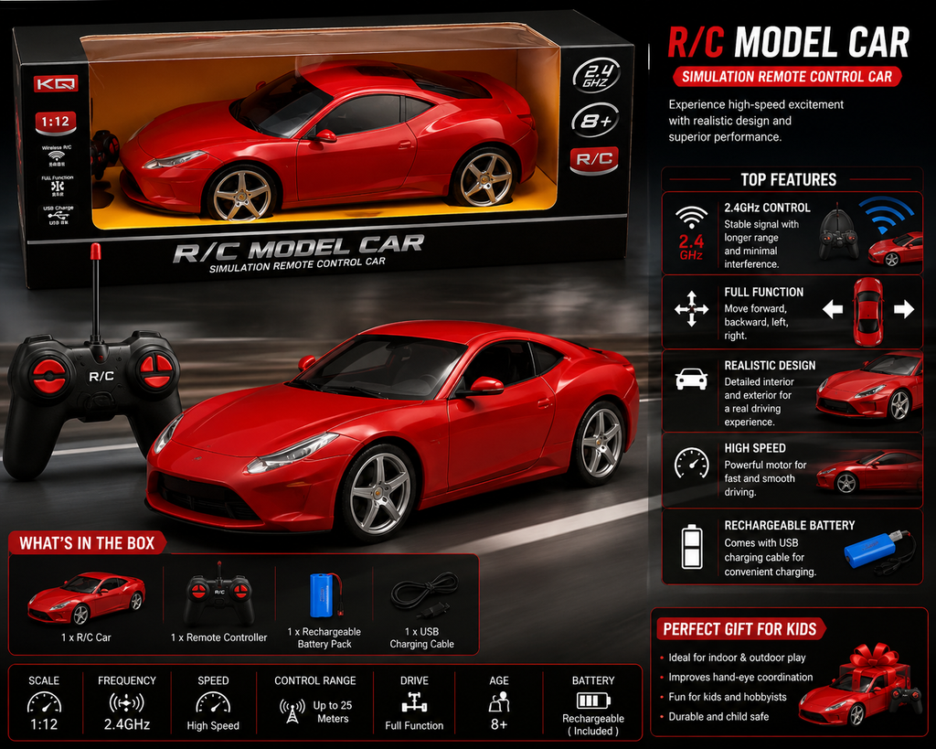 1:14 Scale Remote Control Sports Car – 2.4GHz Full Function Rechargeable RC Car | Red
