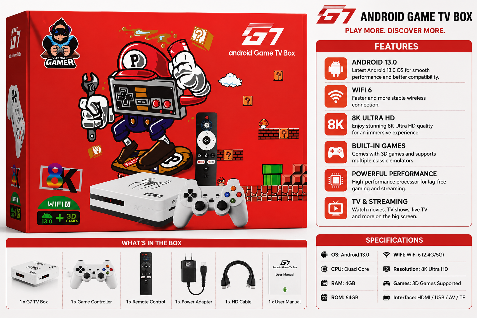 G1 Android Game TV Box with 8K Ultra HD, Wi-Fi 6 & Gaming Controller